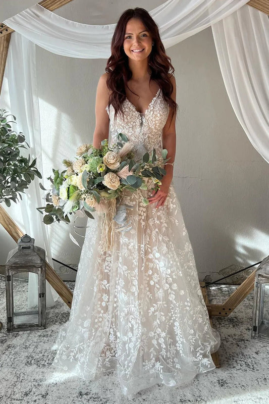 Exquisite A-Line V Neck Lace Boho Wedding Dresses Gown HS949