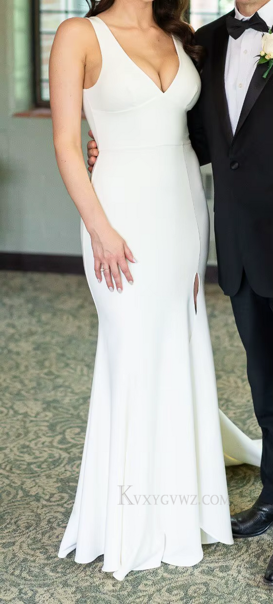 Sexy Deep V Neck Satin Sweep Train Wedding Gown/Dress HS405
