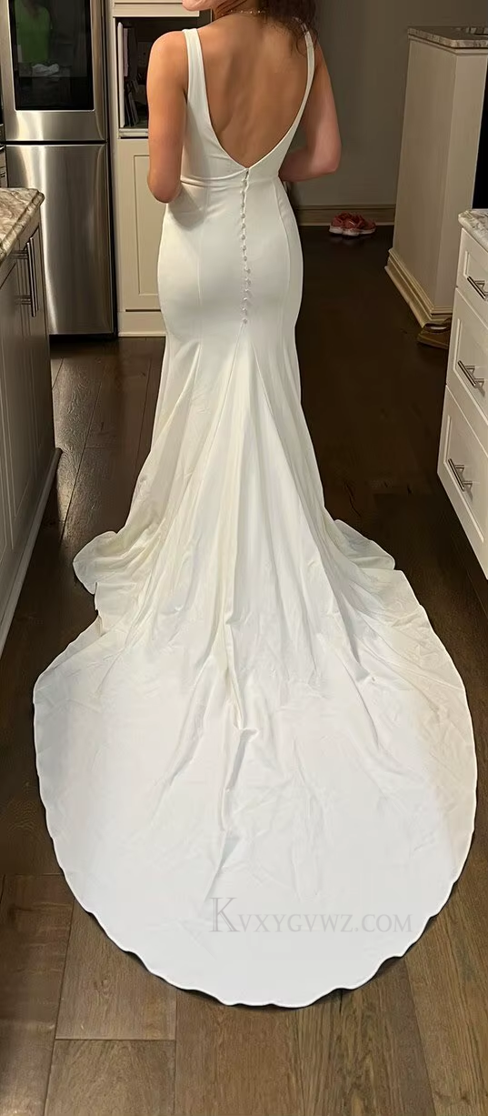 Sexy Deep V Neck Satin Sweep Train Wedding Gown/Dress HS405