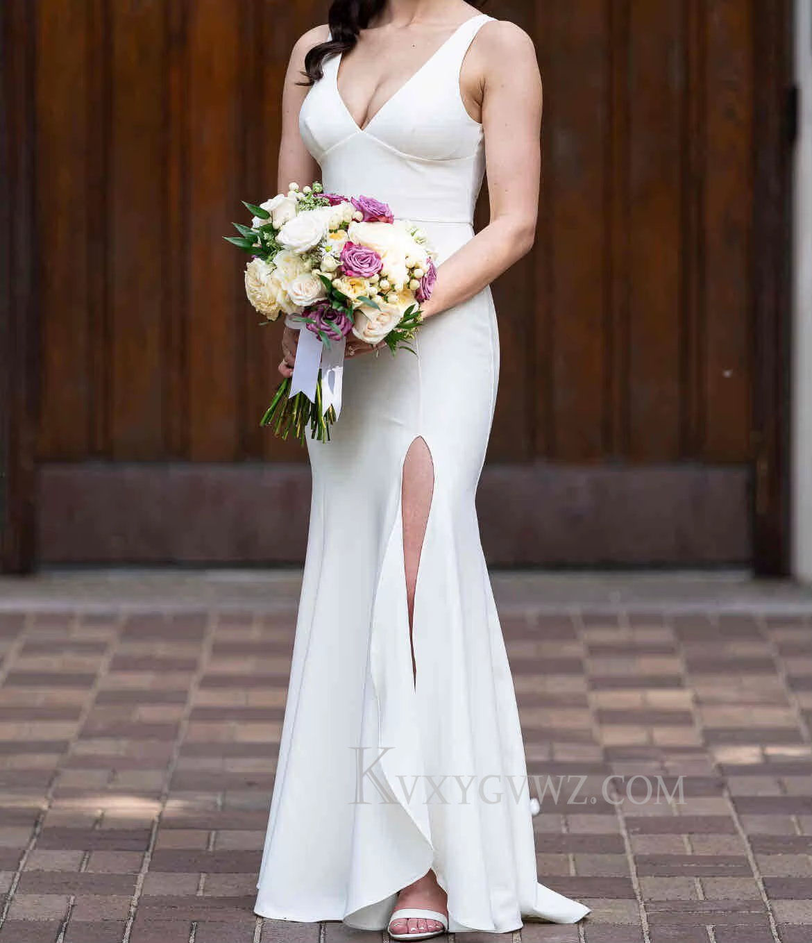 Sexy Deep V Neck Satin Sweep Train Wedding Gown/Dress HS405