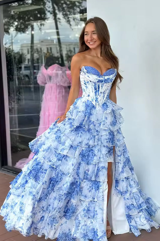 White Blue/Pink Flower Tiered Sweetheart Corset High Split Long Prom Dress LF001