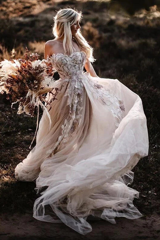 Pastoral Style A Line Off the Shoulder Blush Pink Tulle Wedding Dresses Gown Spring Bridal Dress HS985