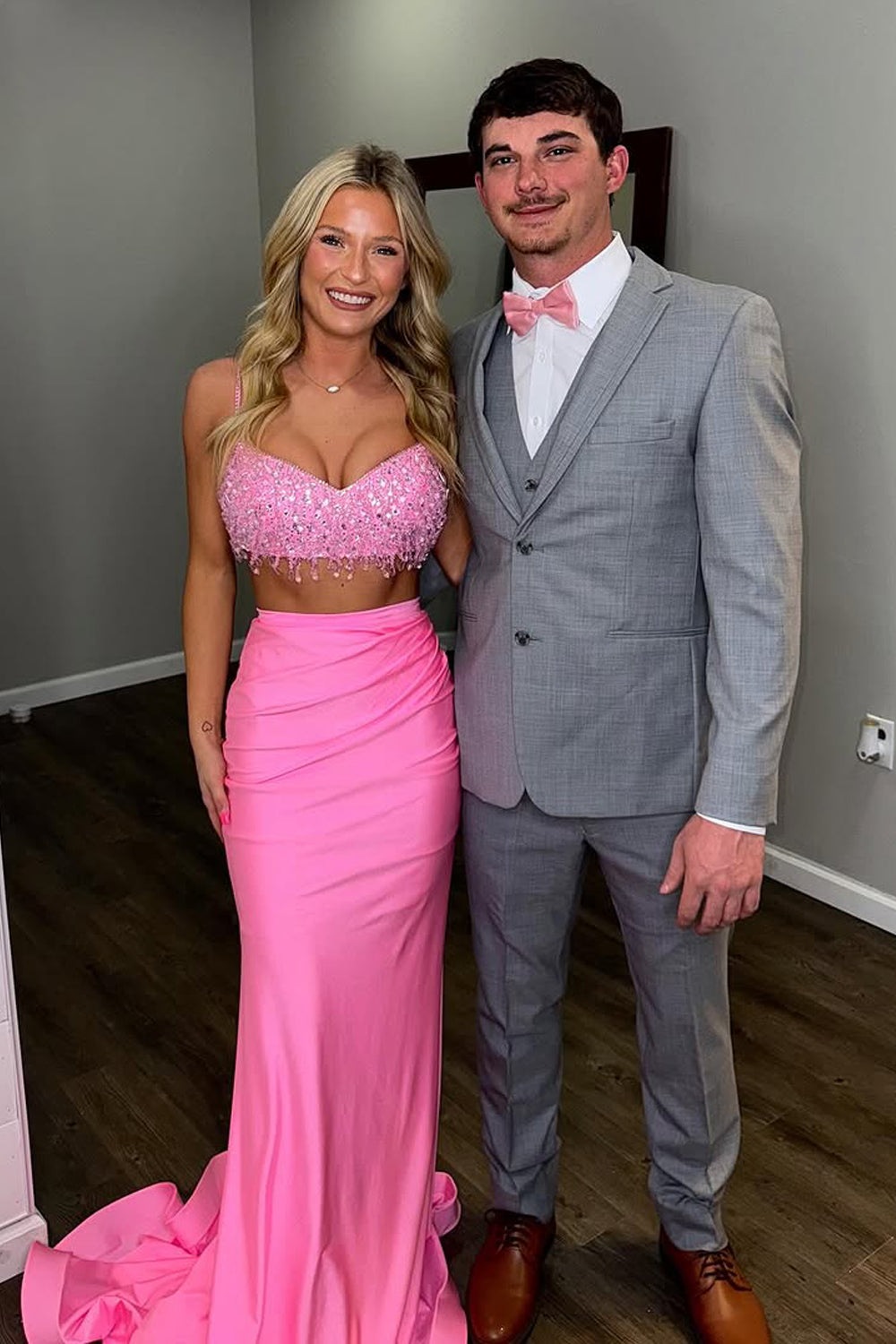 Two Piece V Neck Pink Sequins Long Prom Dress Gown LF1396