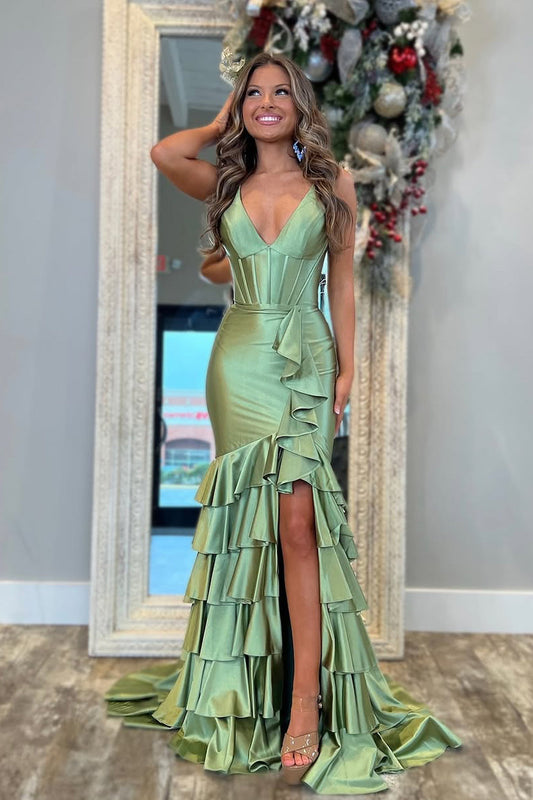 Sweet  Mermaid V Neck Sage Satin Tiered Prom Dress Gown with Slit LF1235