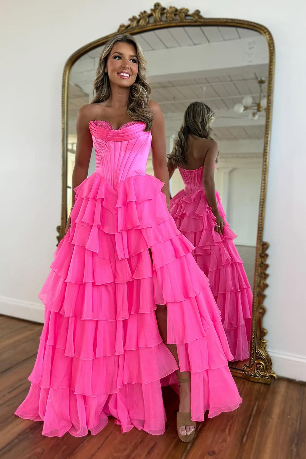 A-Line Strapless Lilac Ruffle Tiered Long Prom Dress Gown with Slit LF1346