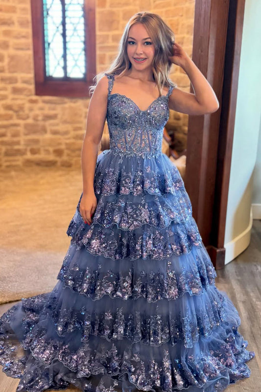 Gogeous A Line Sweetheart Navy Tulle Sequins Prom Dress Gown LF1227