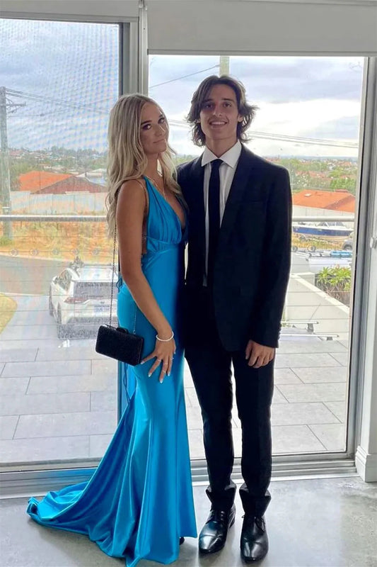 Elegant Mermaid Deep V Neck Royal Blue Satin Prom Dress Gown LF1263