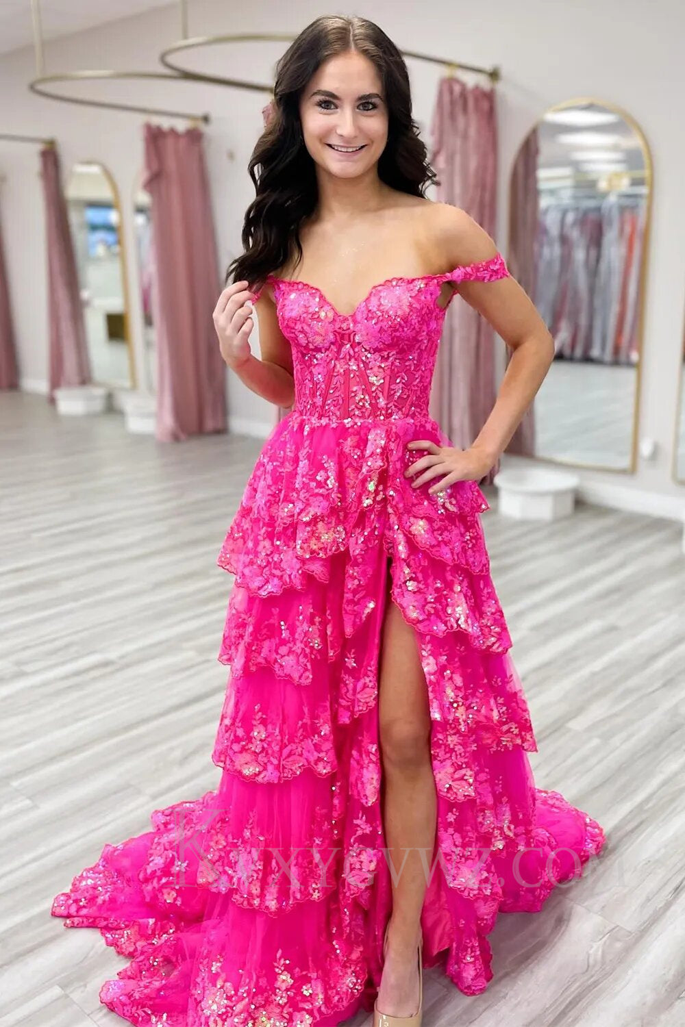 Black Off The Shoulder Tiered Lace Sequins Prom Dress LF002