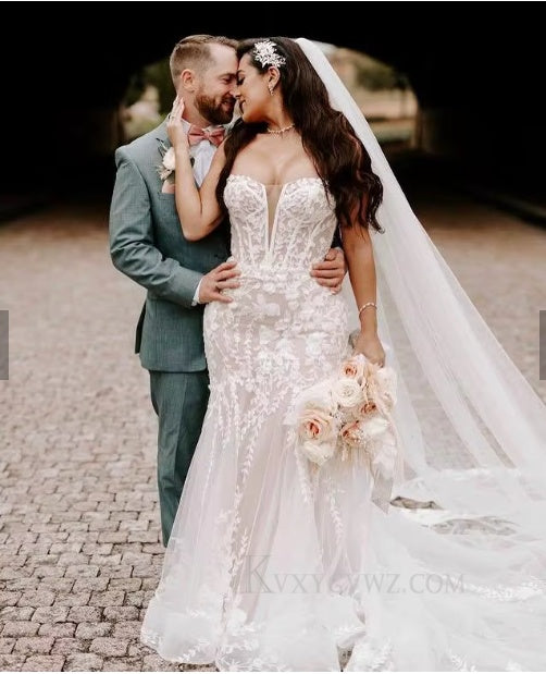 Off The Shoulder Mermaid Sweep Train Wedding Gown/Dress With Appliques HS467