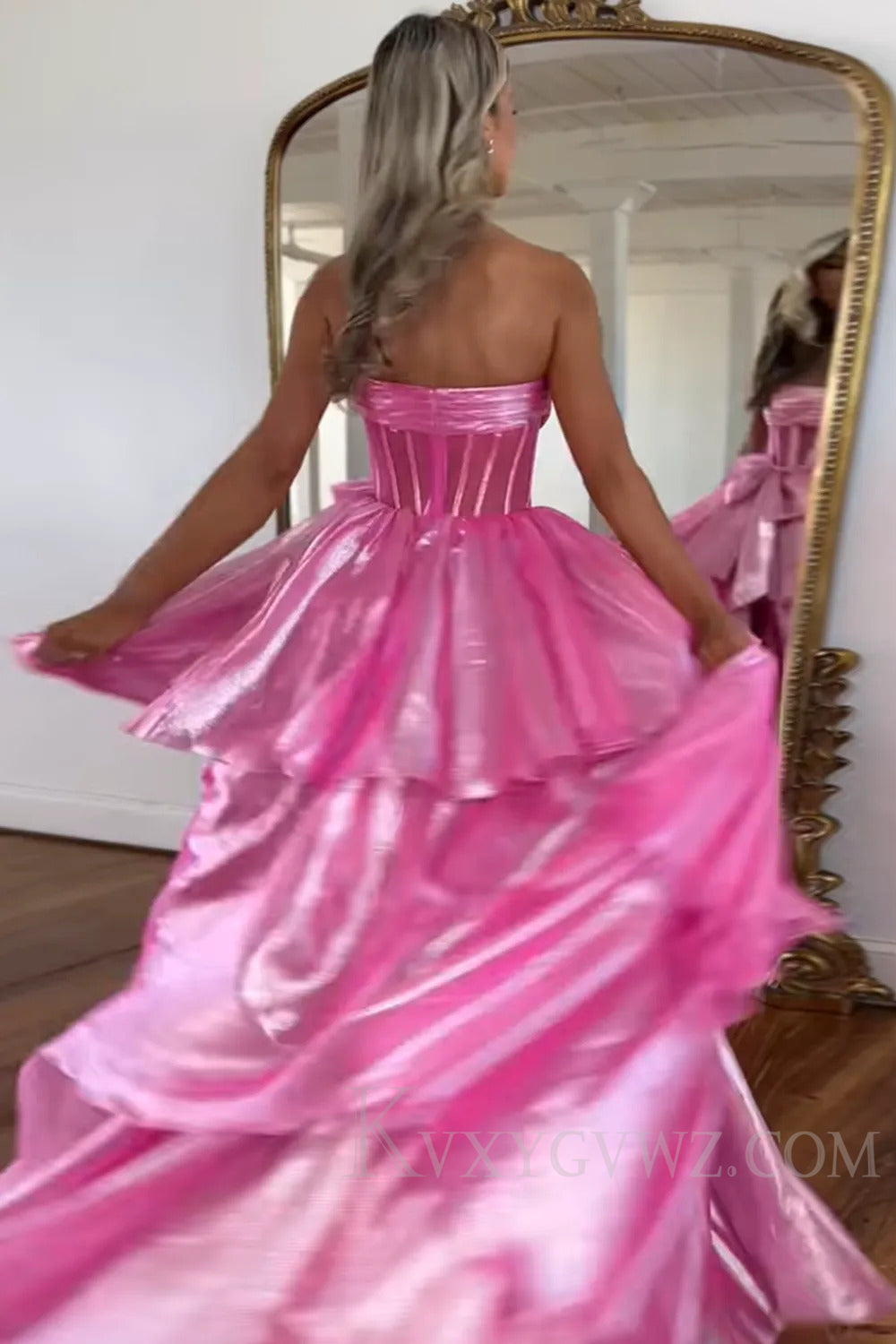 Strapless Pink Sweep Train Ruffled With Bow Prom Dress  with Bow LF200