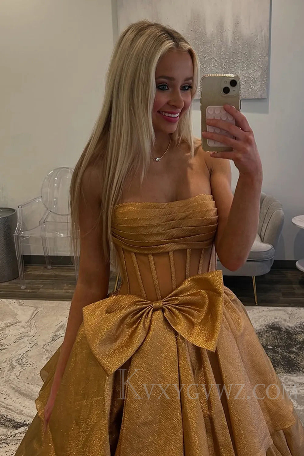 Strapless Pink Sweep Train Ruffled With Bow Prom Dress  with Bow LF200