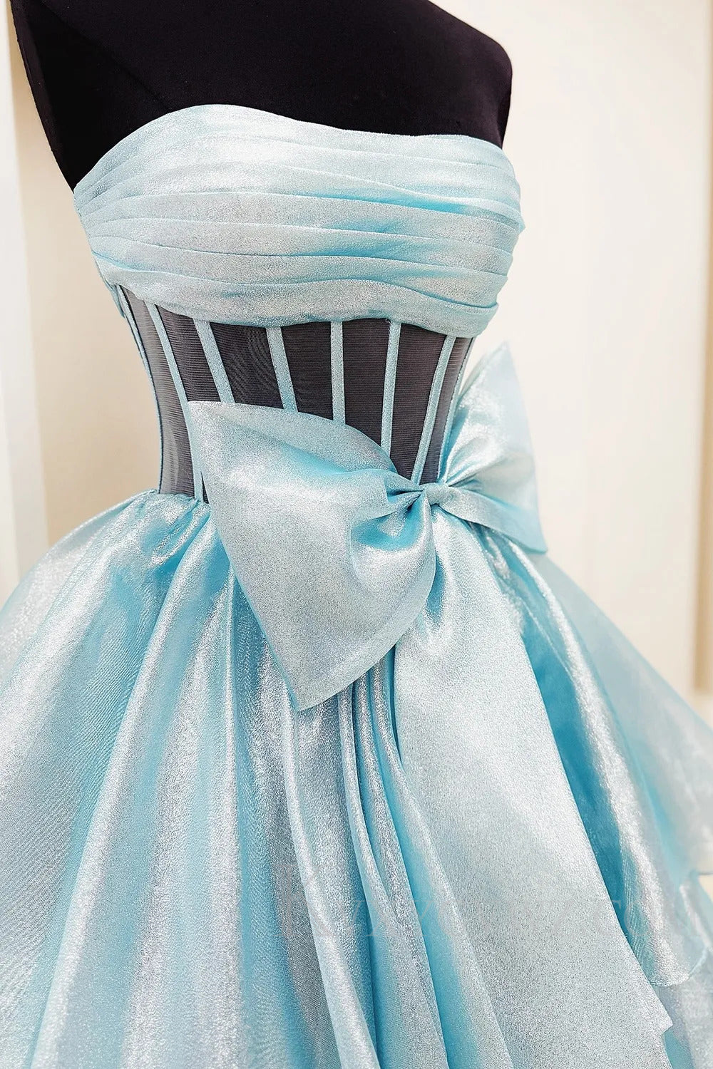 Strapless Pink Sweep Train Ruffled With Bow Prom Dress  with Bow LF200