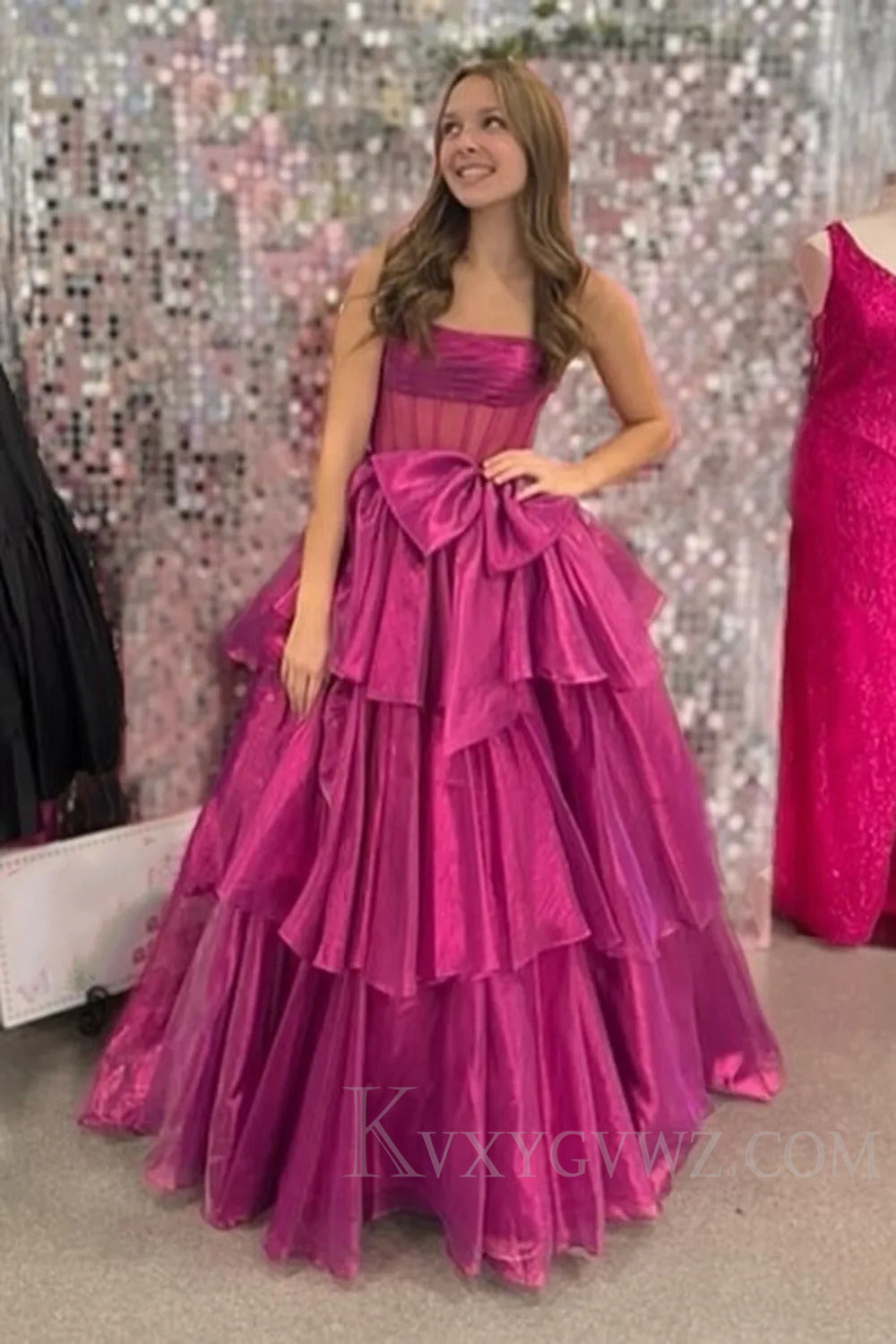 Strapless Pink Sweep Train Ruffled With Bow Prom Dress  with Bow LF200
