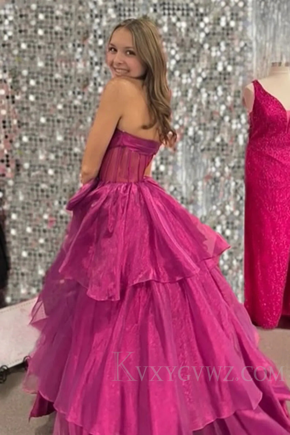 Strapless Pink Sweep Train Ruffled With Bow Prom Dress  with Bow LF200