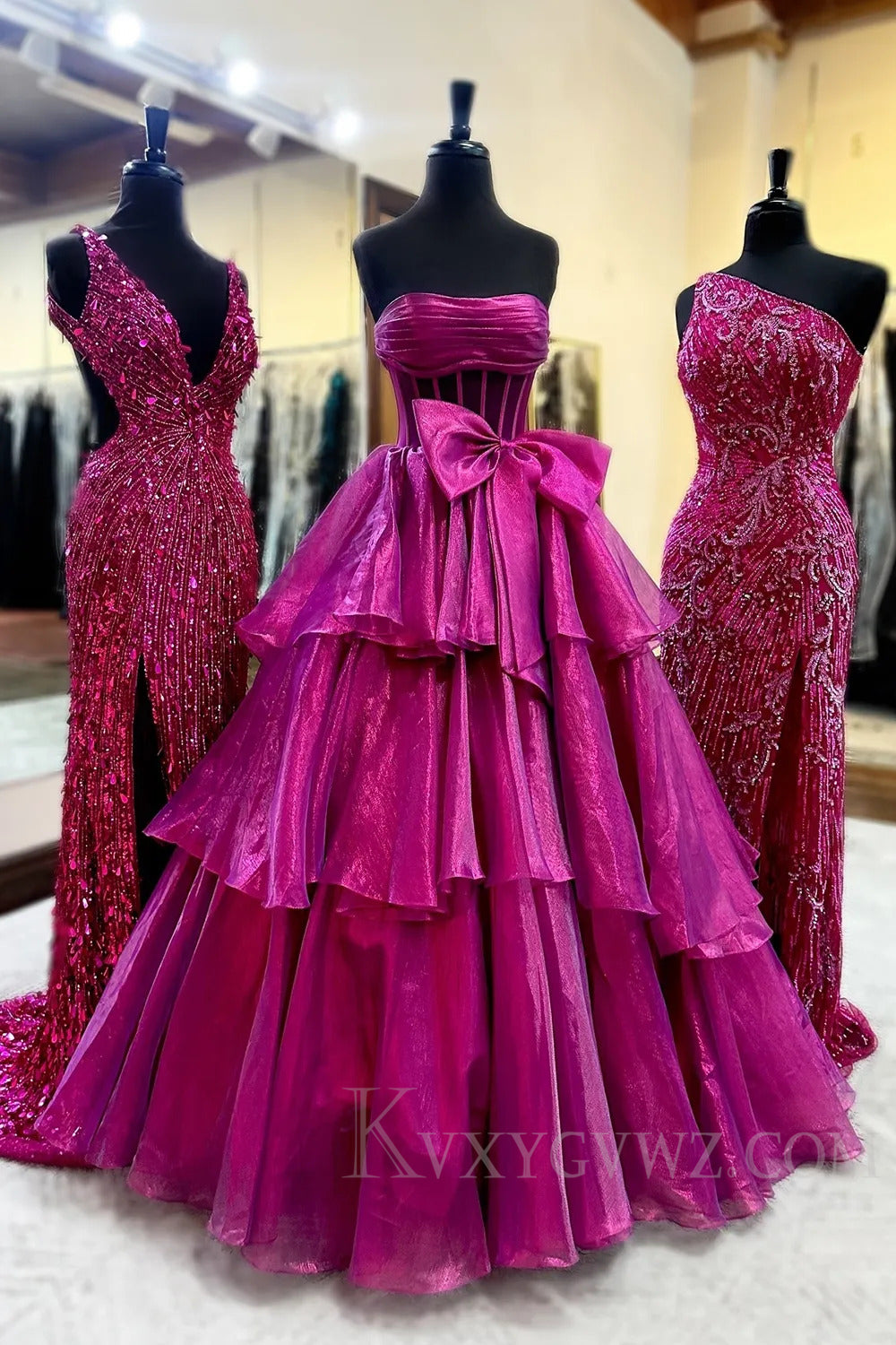 Strapless Pink Sweep Train Ruffled With Bow Prom Dress  with Bow LF200