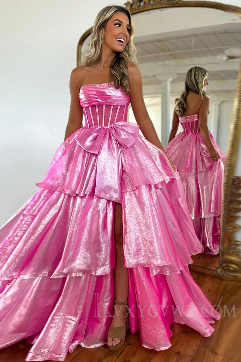 Strapless Pink Sweep Train Ruffled With Bow Prom Dress  with Bow LF200
