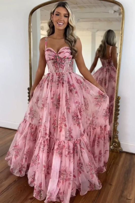Fairy A Line Sweetheart Blush Floral Printed Chiffon Long Prom Dress Gown LF1290
