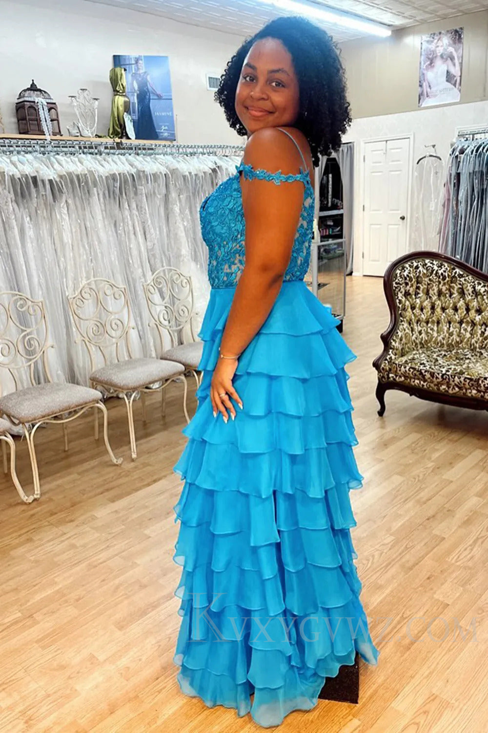 Cold Shoulder Peacock Ruffled Appliqued Prom Dress LF204