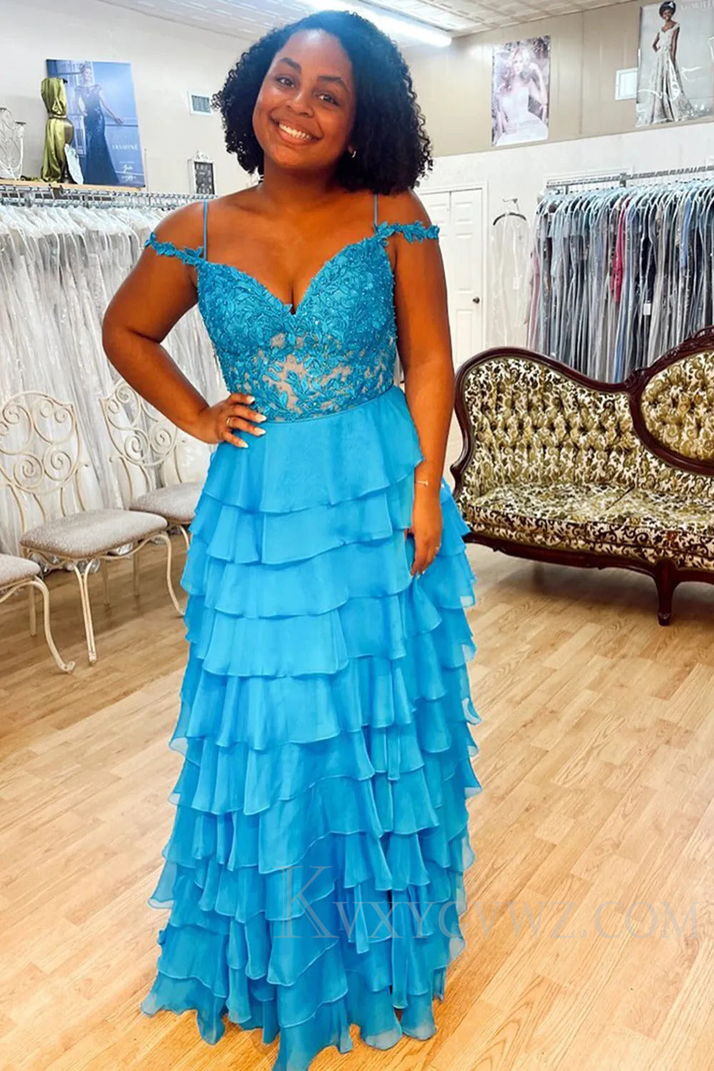 Cold Shoulder Peacock Ruffled Appliqued Prom Dress LF204
