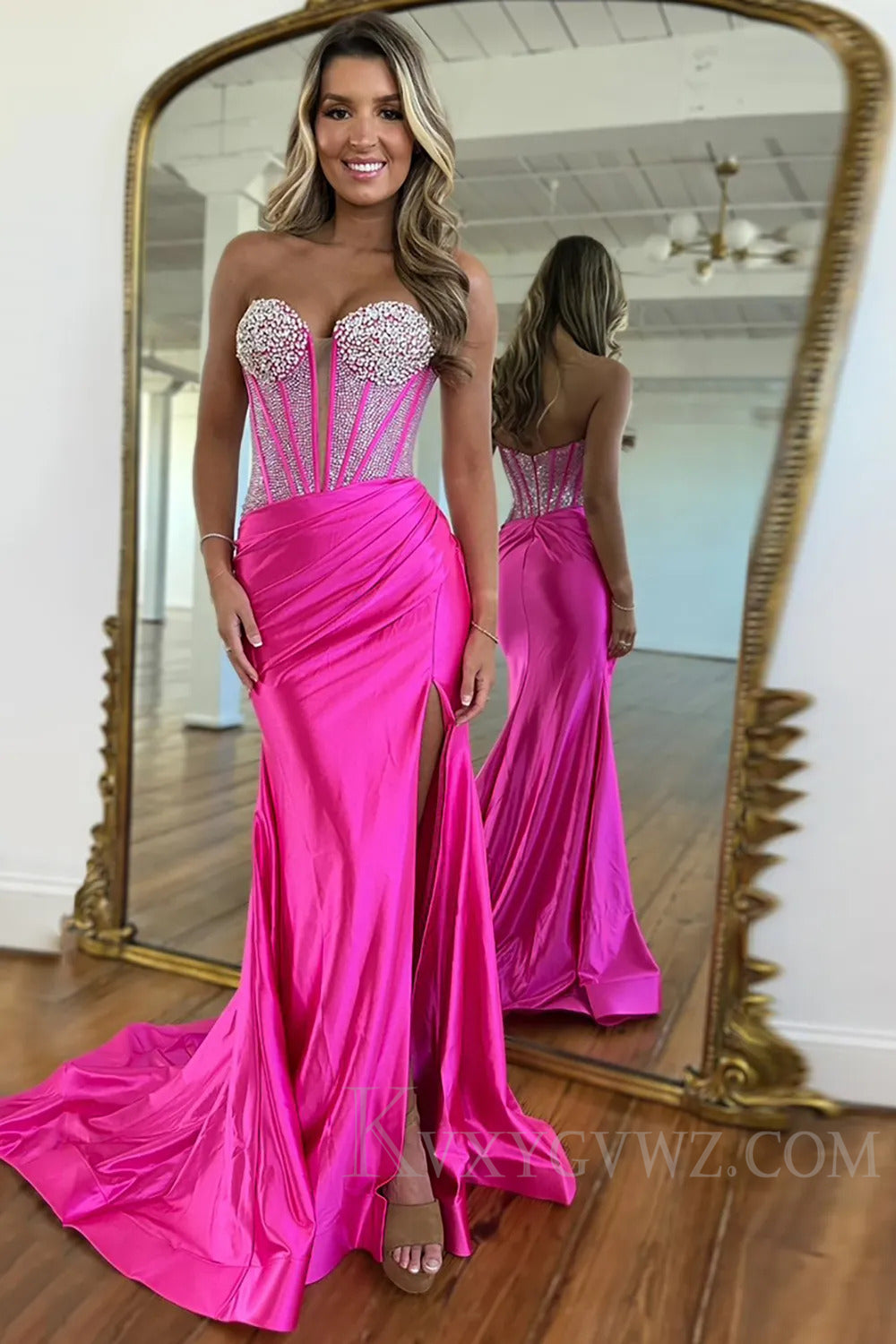 Sweetheart Sparkly Corset Blush Mermaid Prom Dress with Slit LF205