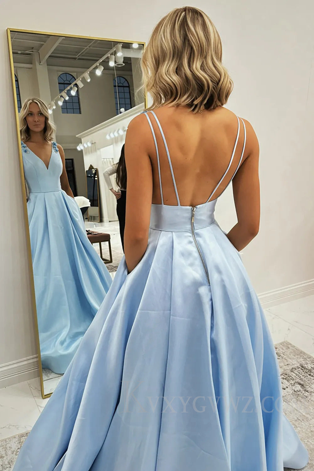 Light Blue V-Neck A Line Prom Dress with Pockets LF206