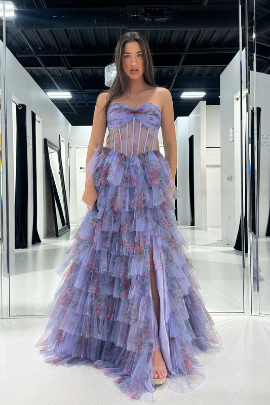 A-Line Sweetheart Floral Printed Ruffle Tiered Long Prom Dress Gown with Slit LF1225