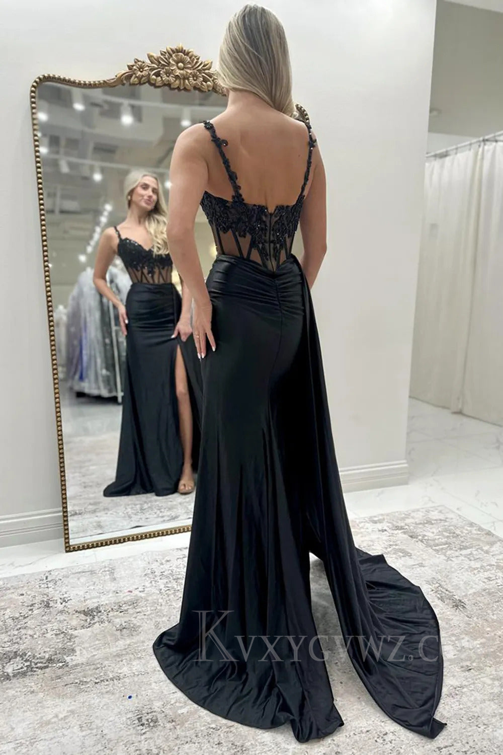 Black Appliqued Corset Side Cape Long Prom Dress with Slit LF210