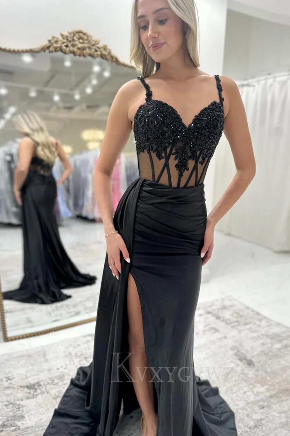 Black Appliqued Corset Side Cape Long Prom Dress with Slit LF210