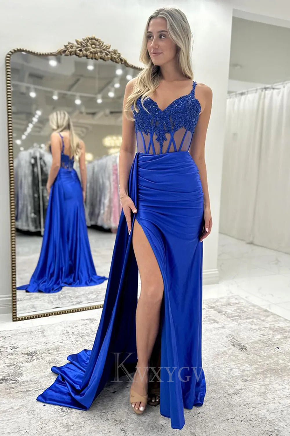 Black Appliqued Corset Side Cape Long Prom Dress with Slit LF210