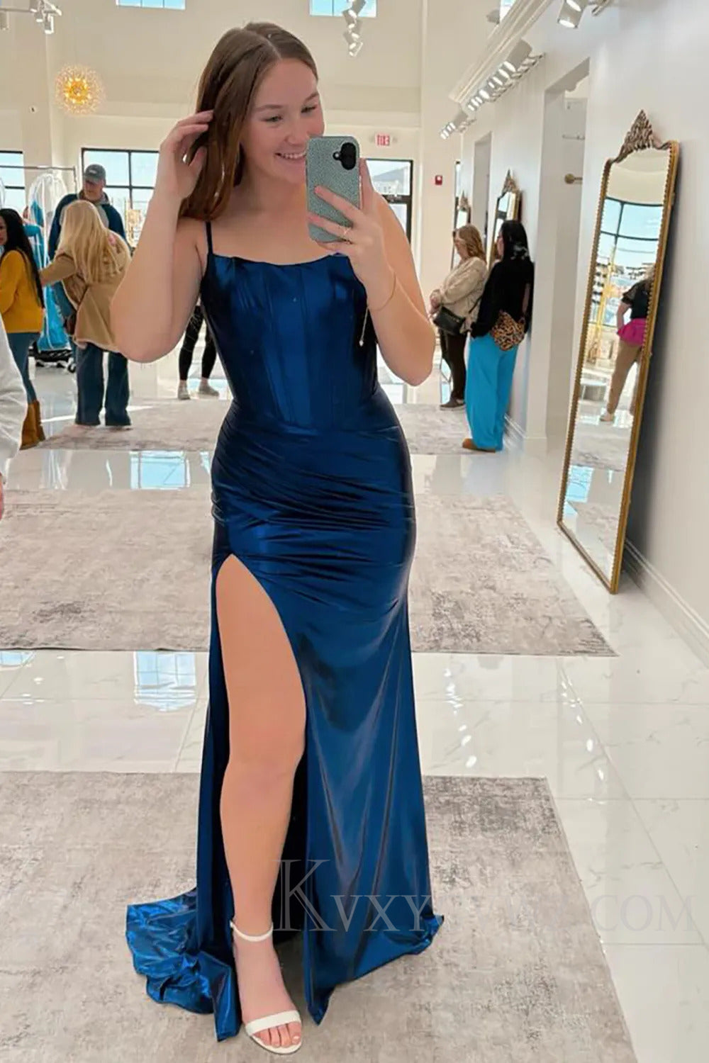 Sparkly Spaghetti Straps Golden Metallic Long Prom Dress with Slit LF211