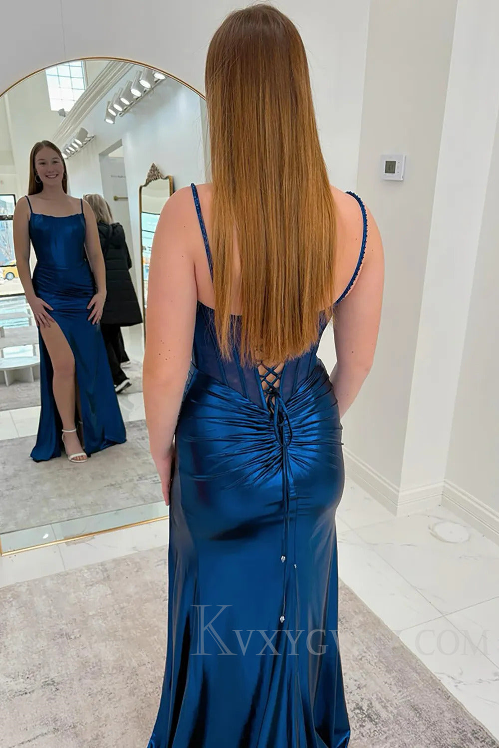 Sparkly Spaghetti Straps Golden Metallic Long Prom Dress with Slit LF211