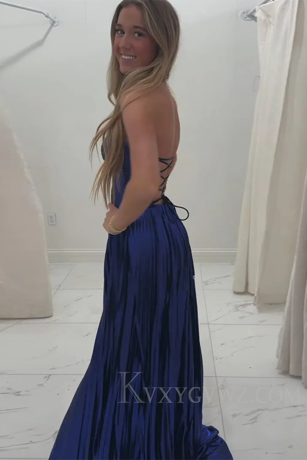 Elegant Metallic Royal Blue Corset Prom Dress with Slit LF212