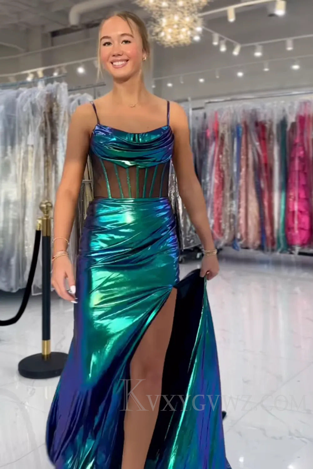 Sparkly Green Corset Metallic Long Prom Dress with Slit LF213
