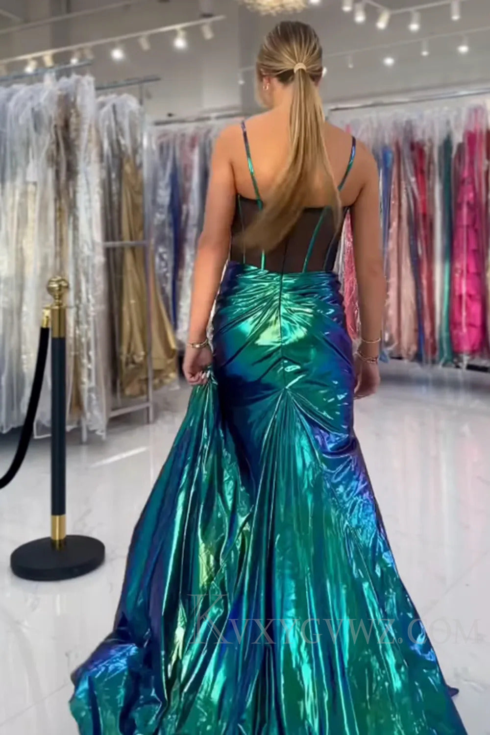 Sparkly Green Corset Metallic Long Prom Dress with Slit LF213