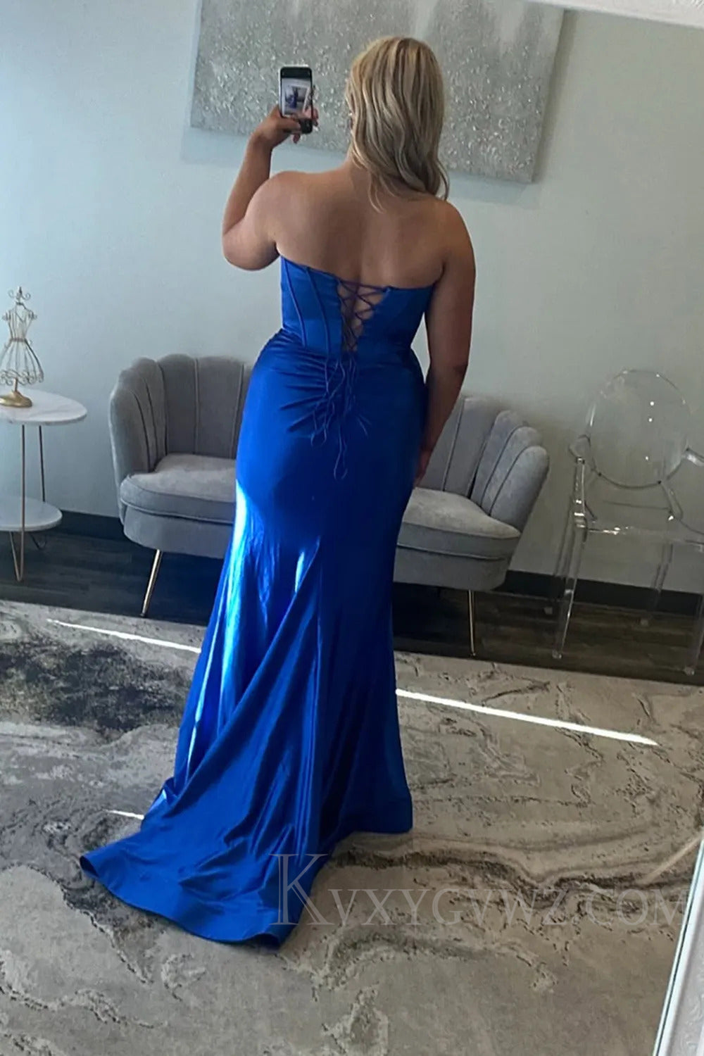 Elegant Royal Blue Satin Corset Prom Dress with Slit LF214