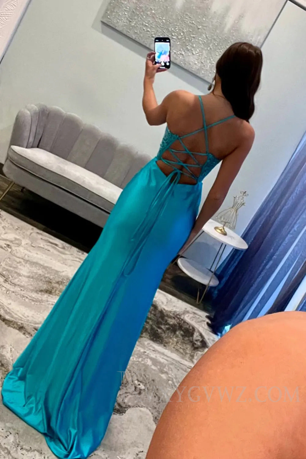 Blue Appliqued Spaghetti Straps Long Prom Dress with Slit LF216