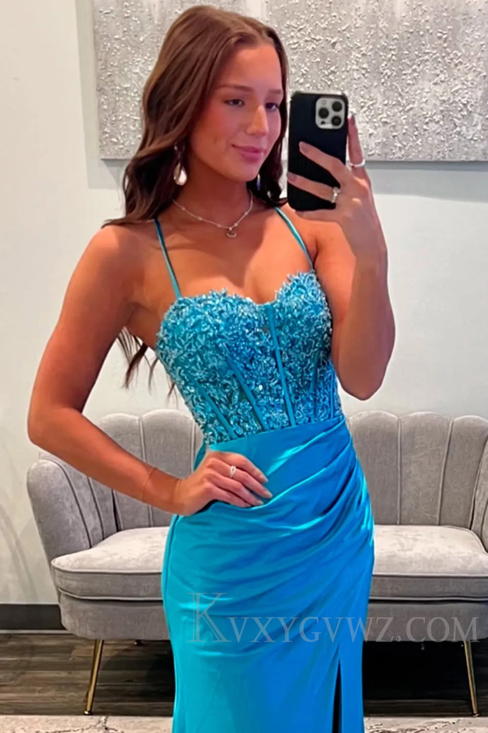 Blue Appliqued Spaghetti Straps Long Prom Dress with Slit LF216
