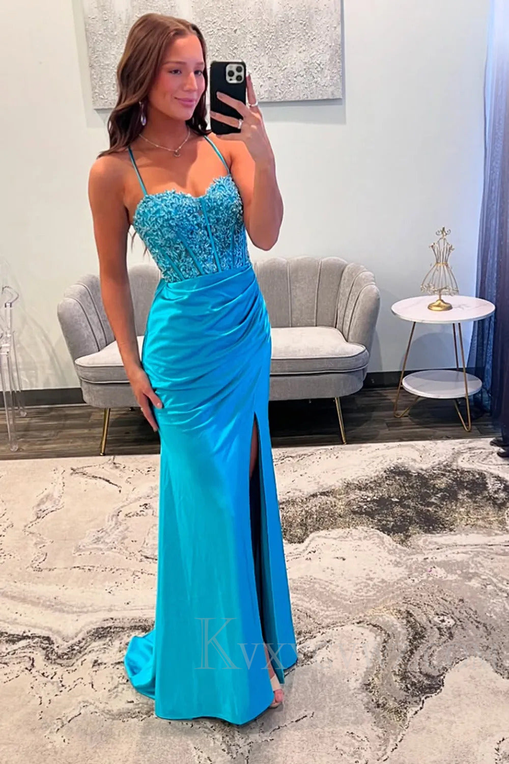 Blue Appliqued Spaghetti Straps Long Prom Dress with Slit LF216