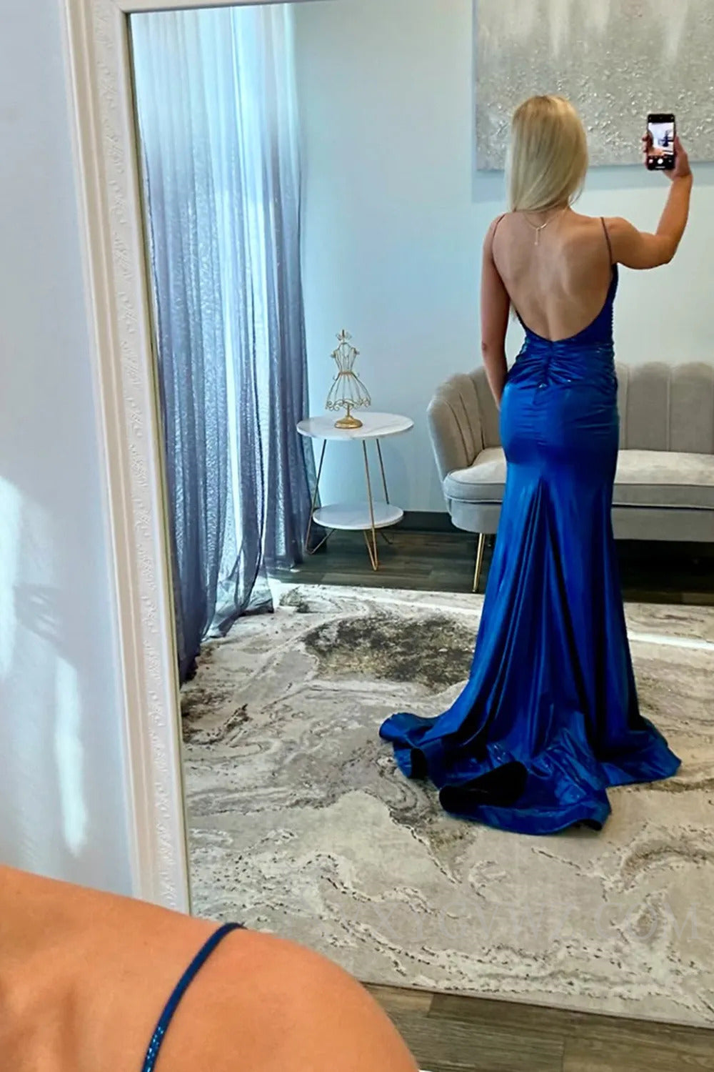 Sparkly Blue Beaded Spaghetti Straps Satin Prom Dress with Slit LF218