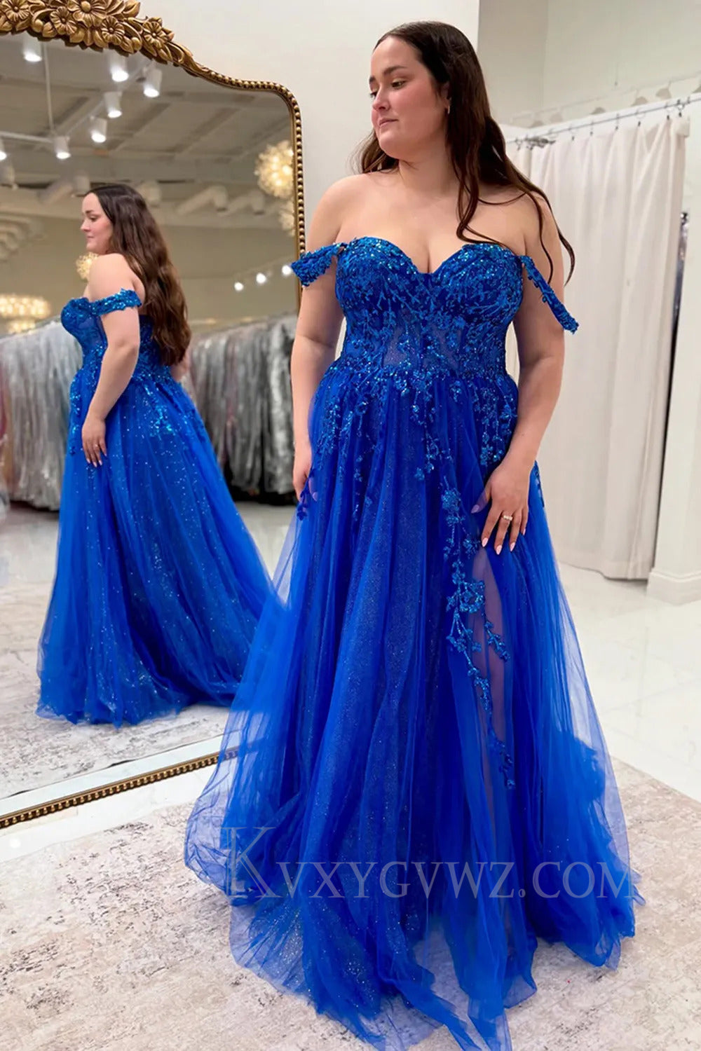 A-Line Sparkly Royal Blue Sequind Corset Long Prom Dress with Slit LF219