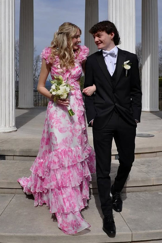 A-Line V Neck Pink Floral Printed Chiffon Ruffle Tiered Long Prom Dress Gown LF1315