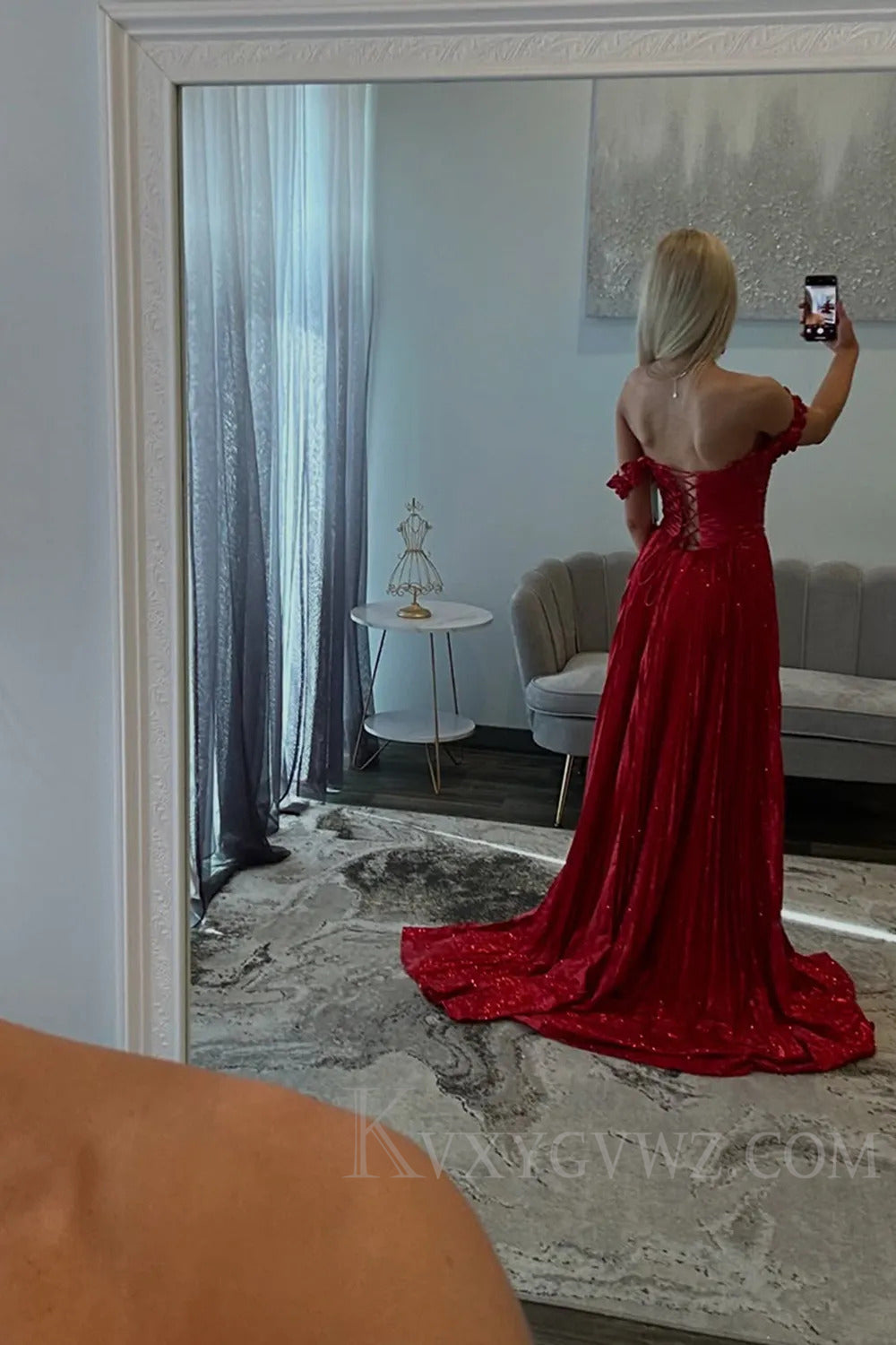Sparkly Red Pleated A Line Prom Dress with Slit LF221