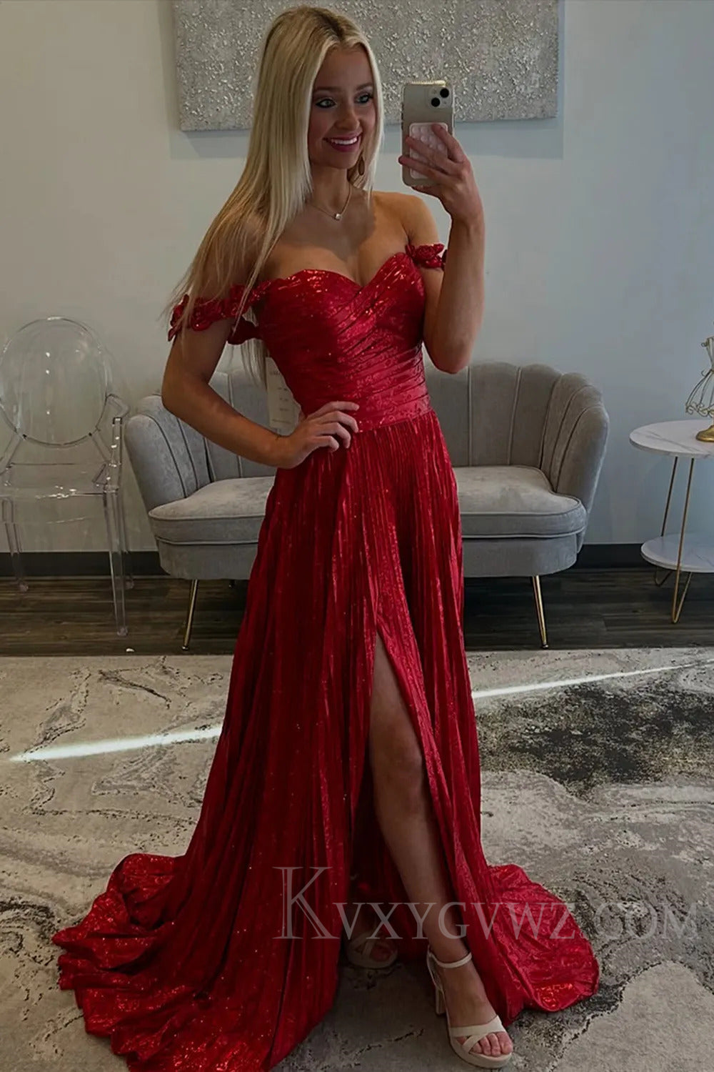 Sparkly Red Pleated A Line Prom Dress with Slit LF221