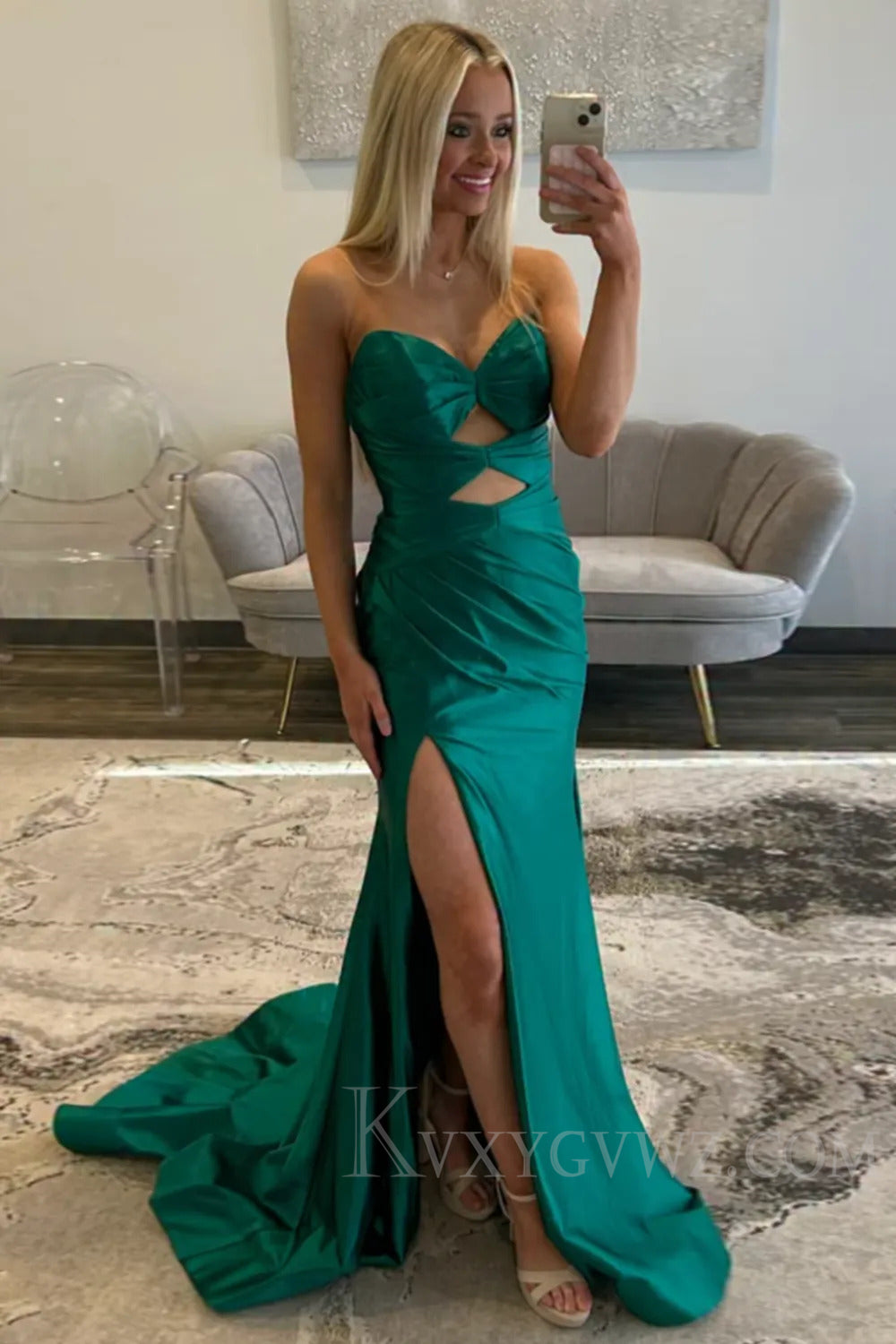 Cut Out Emerald Green Sweetheart Sheath Prom Dress with Slit LF222
