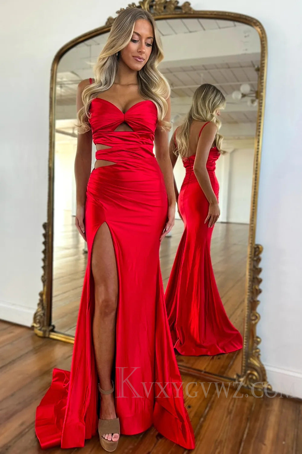 Royal Blue Satin Long Sheath Prom Dress with Slit LF224