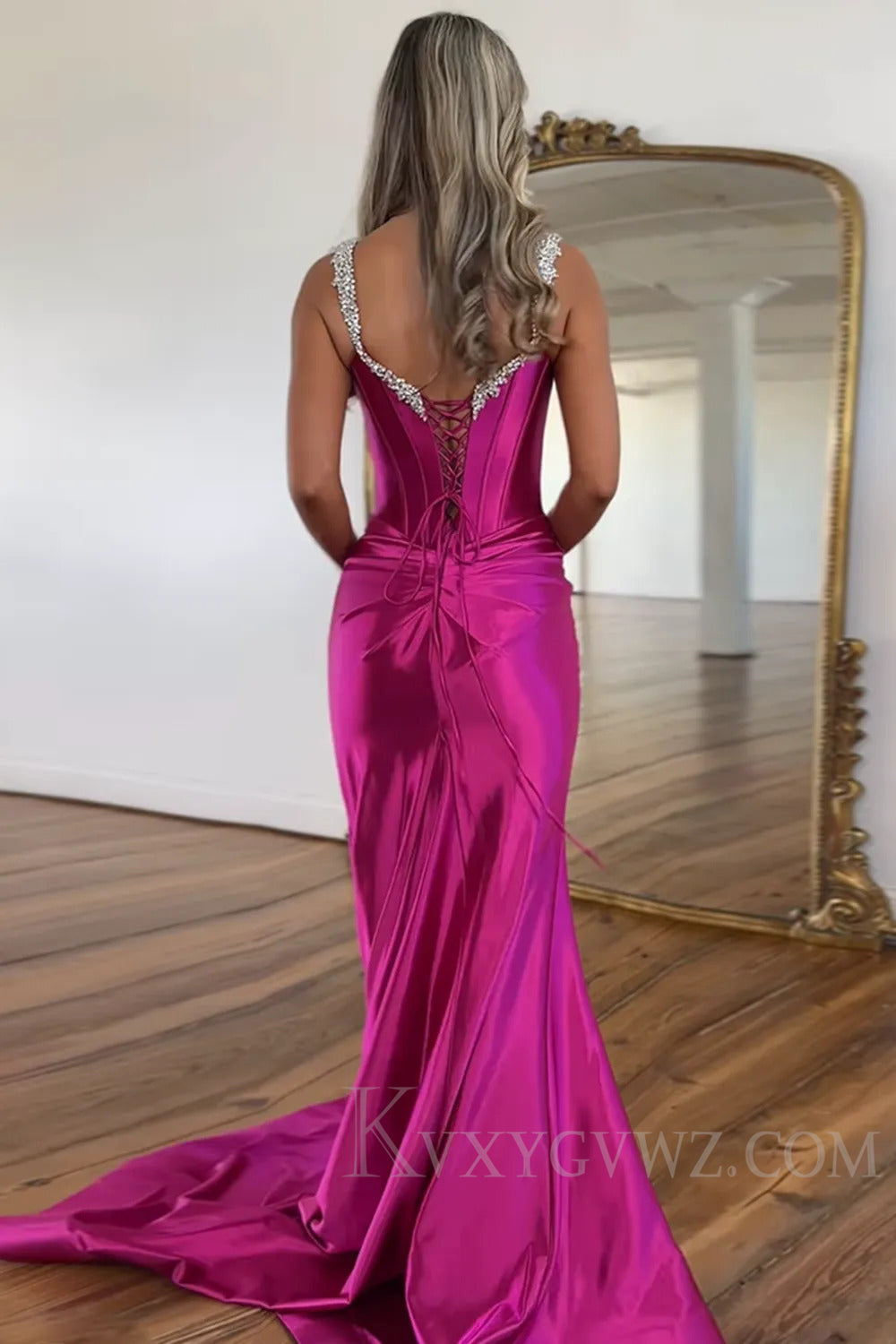 Ruched Fuchsia Satin Sweep Train Long Prom Dress with Slit LF227