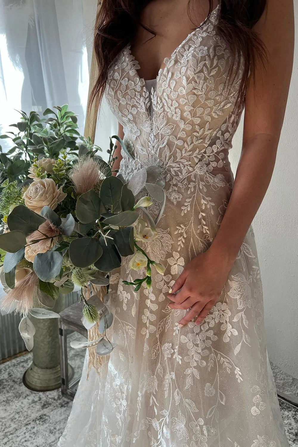 Exquisite A-Line V Neck Lace Boho Wedding Dresses Gown HS949
