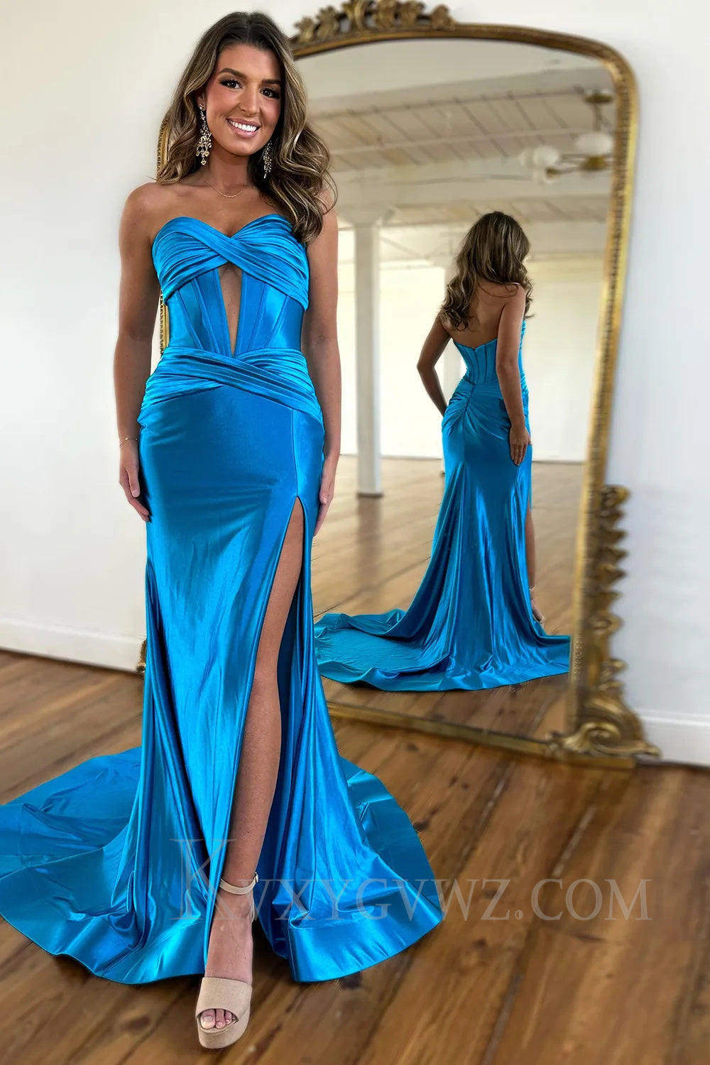 Dark Green Mermaid Sweetheart Sweep Train Long Prom Dress with Slit LF023