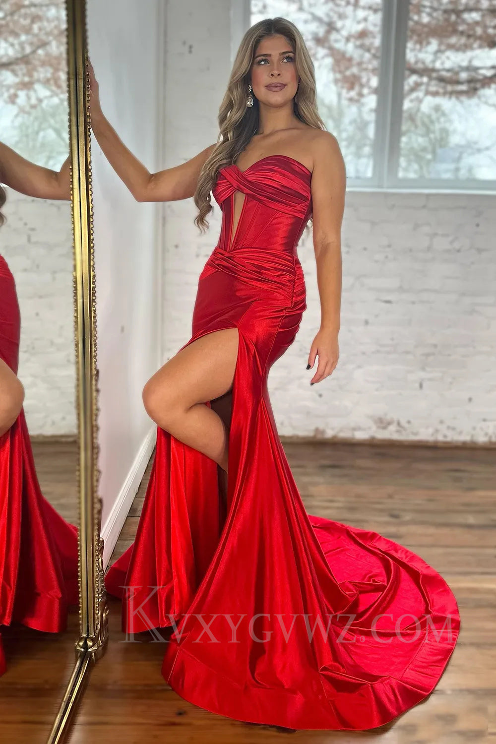 Dark Green Mermaid Sweetheart Sweep Train Long Prom Dress with Slit LF023