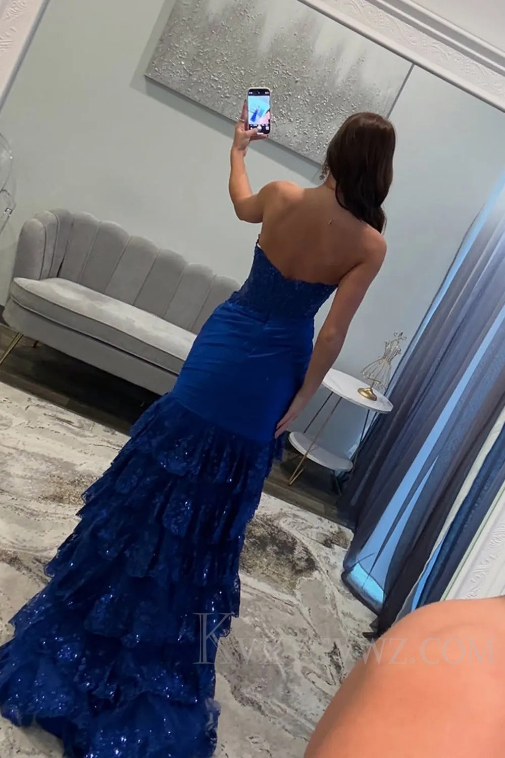 Sparkly Royal Blue Mermaid Ruffled Prom Dress with Slit LF230